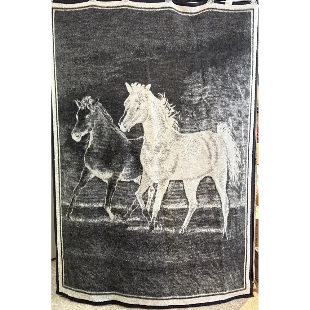 Vtg Biederlack Throw Blanket Horses Reversible Black Gray White Made USA 53x74